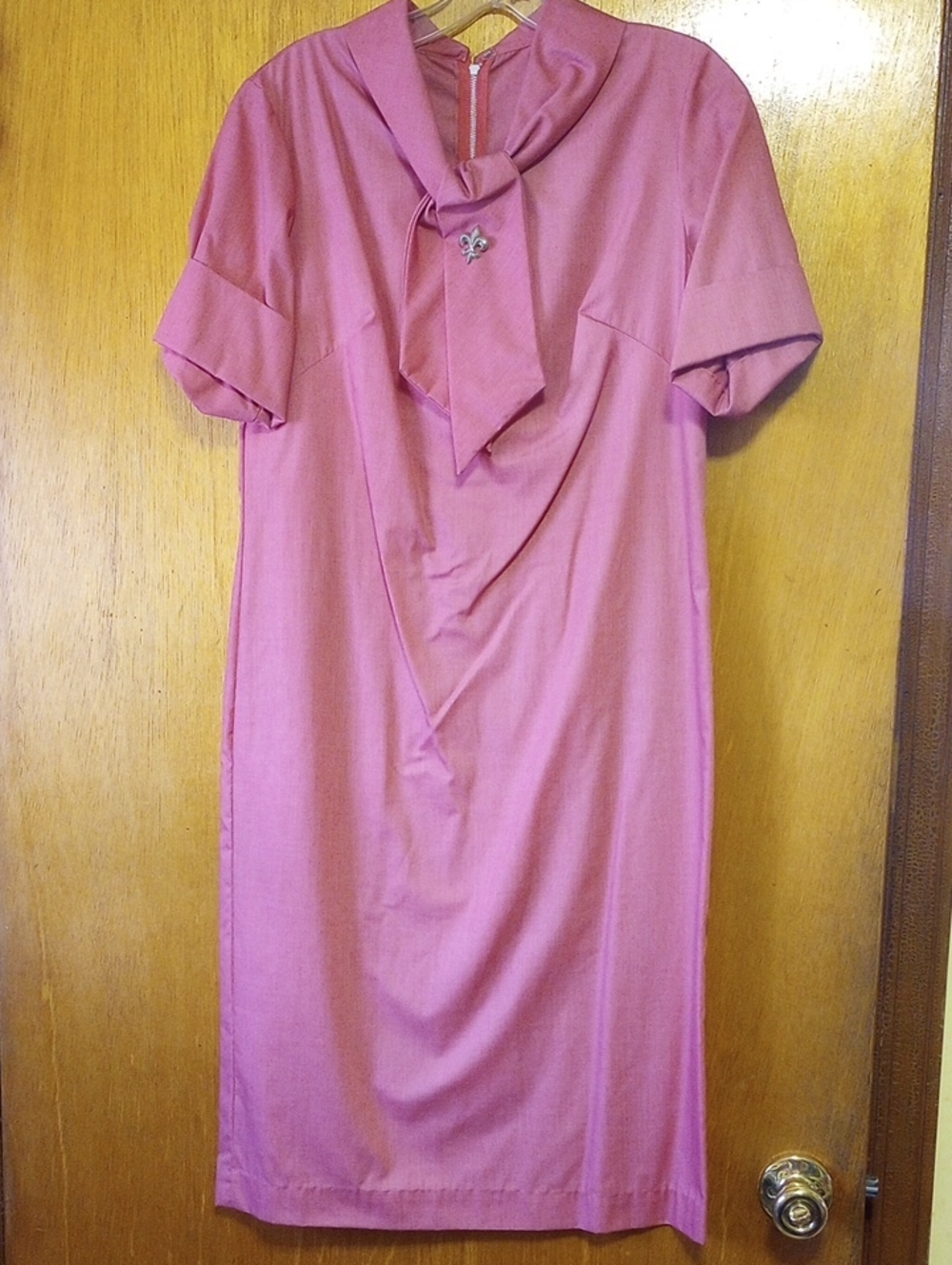 Vintage Pink Cotton Blend Spring Summer Midi Dress w/ Tie & Fleur De Lis, Med?
